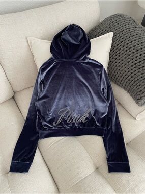 VS PINK Cozy Supersoft Velour Rhinestone Logo Full Zip Hoodie Slate Navy Blue